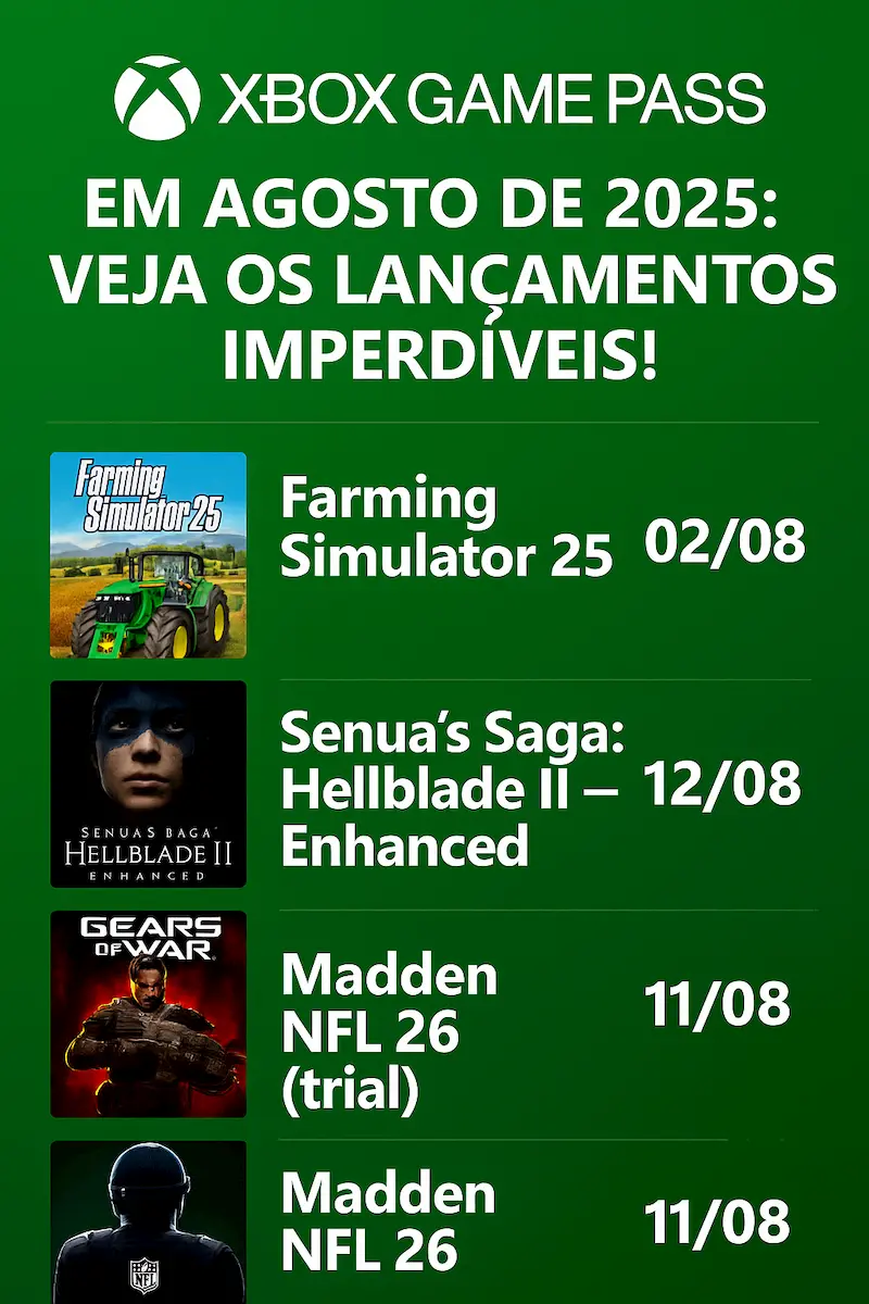 Xbox Game Pass em Agosto de 2025